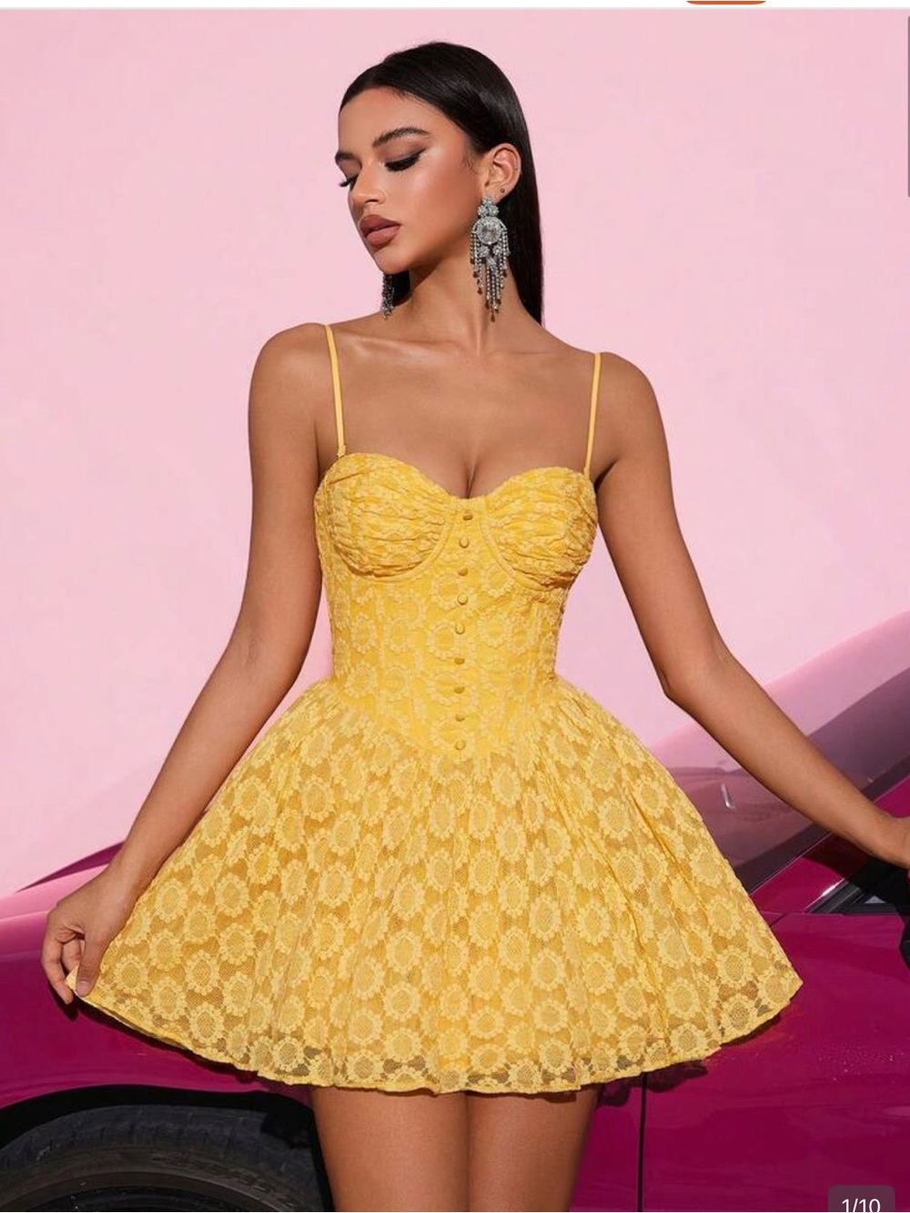 Yellow Lace Fit-and-Flare Mini Dress with Spaghetti Straps